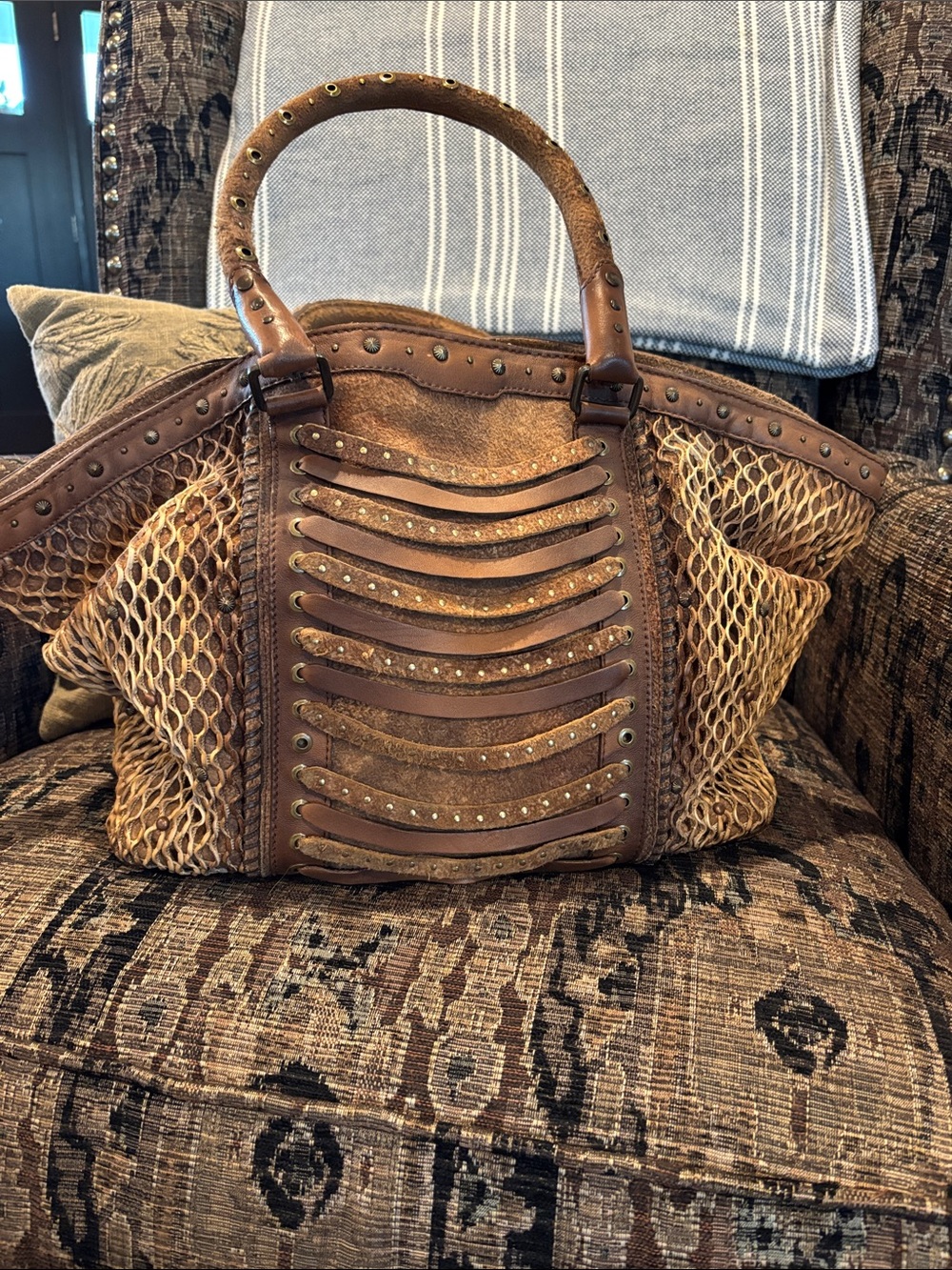 Corral Boho Brown Leather and Woven Tote Bag - Picture 2 of 4